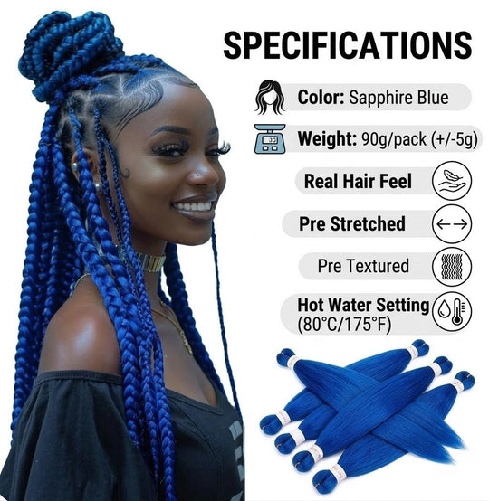 Sapphire Blue Pre-Stretched Braiding Hair | 26" Yaki Texture Synthetic Extensions (Single Pack)