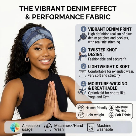 Adjustable Denim-Texture Elastic Headband – Flat 2D Design Hair Accessory for Women