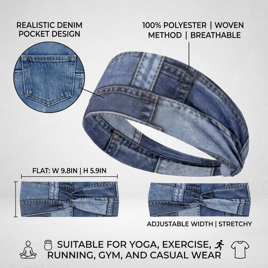 Adjustable Denim-Texture Elastic Headband – Flat 2D Design Hair Accessory for Women